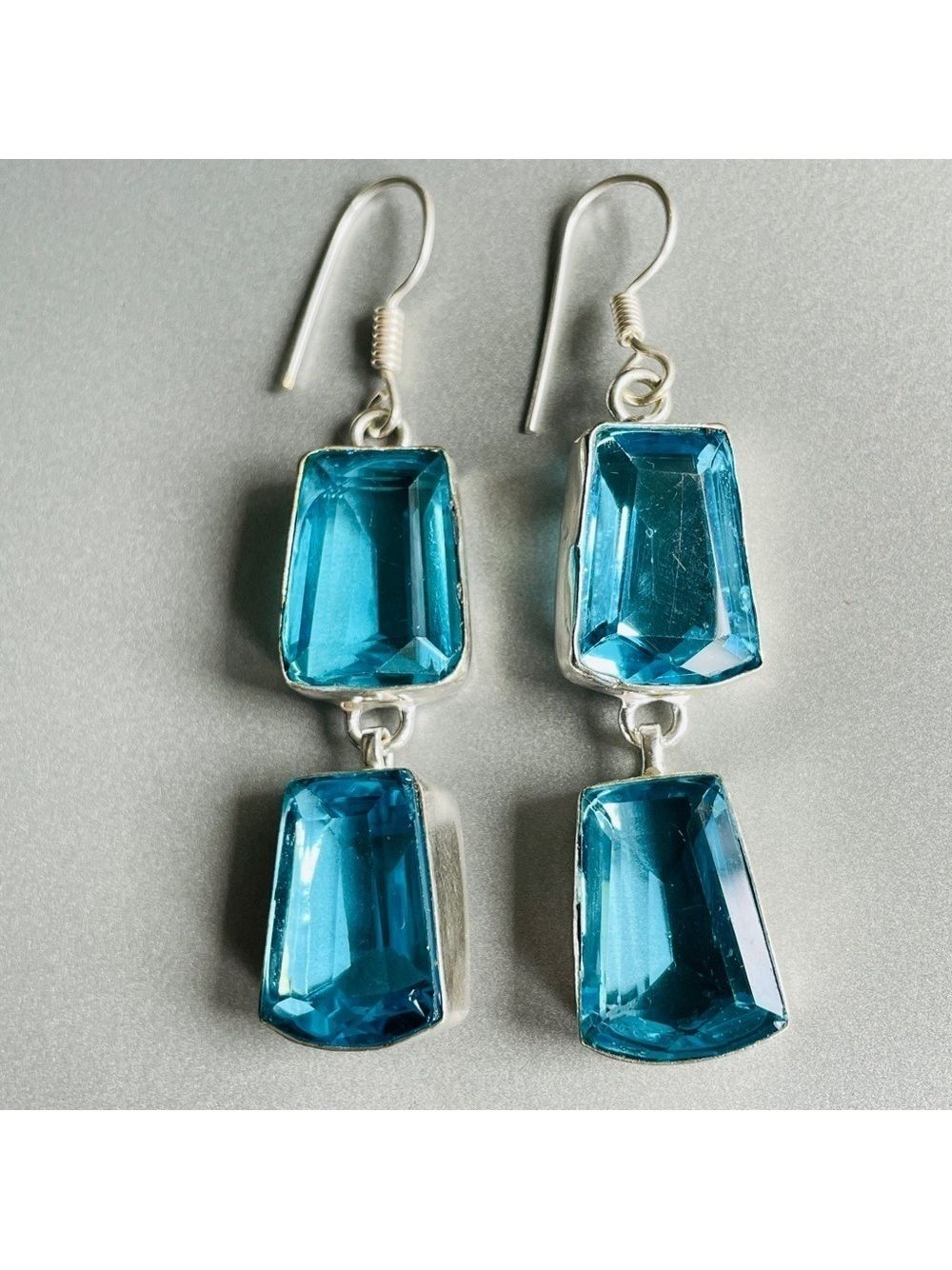 Swiss Blue Crystal Glass Paste Dangle Hook Earrings In Sterling Silver